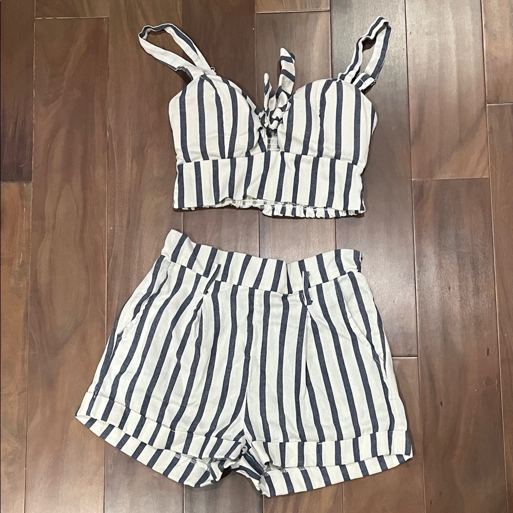 Haute Monde Navy and White Striped High Waist Shorts